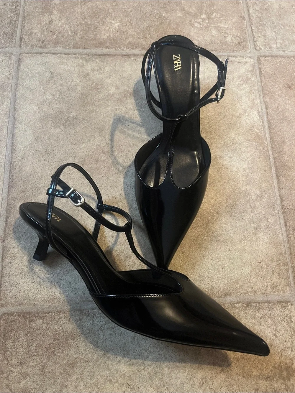 ZARA Black Patent Pointed T-Strap Heels Ankle Buckle Professional Office Chic